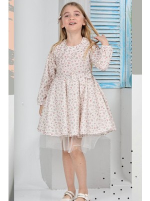 Eftelya Kız Çocuk Kloş Elbise Çiçek Desenli ve Etek Ucu Tüllü 12178