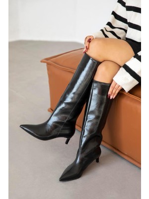 Jade Pino Ökçe Kroko Deri Rugan Kadın Çizme Siyah