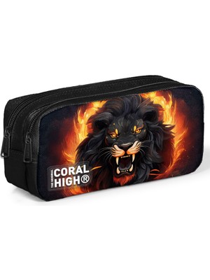 Coral High Siyah Aslan Desenli İki Bölmeli Kalem Çantası PVC Malzeme 1200 ml Kapasite