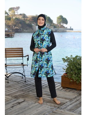 Estiva kadın Tam Kapalı Fermuarlı Yaprak Desenli Tesettür Mayo Siyah