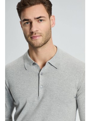 Kaşmir Pamuk Karışım Polo Yaka Açık Gri Triko