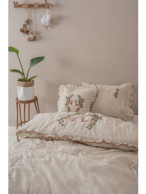 Ecocotton Polina Kız Bebek Nevresim Takımı %100 Keten El Nakışlı Bej 100X150 cm