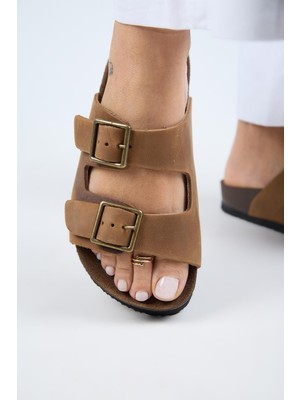 Manijero (Anjelic Eskitme ) Kadın Hakiki Deri Çift Tokalı Kahve Terlik