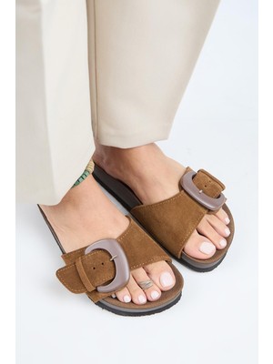 Manijero (Alandra 2 ) Kadın  Deri Tek Tokalı Taba Terlik