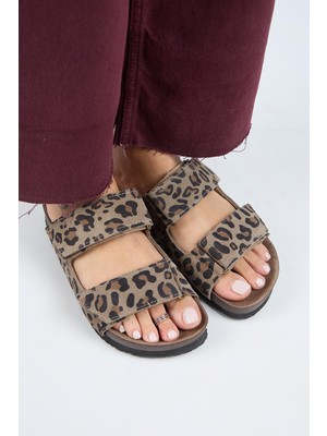 Manijero (Vina 2 Leopar) Kadın  Deri Çift Cırtlı Vizon Terlik