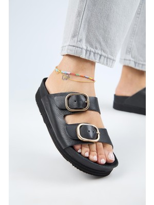 Manijero Alexa Kadın Deri Deri Çift Tokalı Platform Siyah Terlik