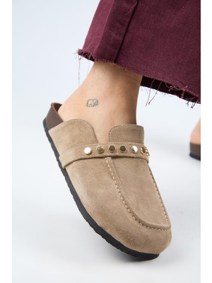 Manijero Bonita 2 Kadın  Deri Troklu Sabo Vizon Terlik