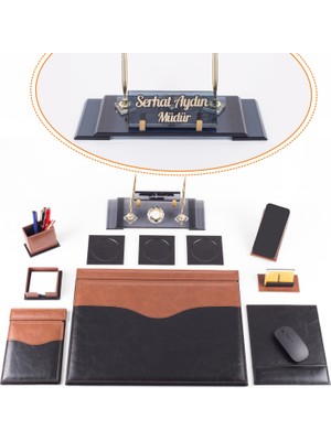 Ofistike 9 Parça Siyah-Taba Lüks Deri Sümen Takımı, Kristal Ayaklı İsimlik ve 33x10 cm Masa Aksesuar Seti