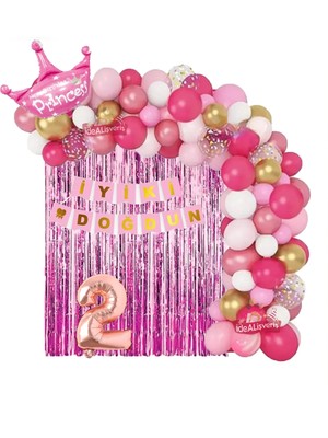 Bkmc Pembe Beyaz Konseptli 2 Yaş Kraliçe Taçlı Doğum Günü Balon Zincir Seti