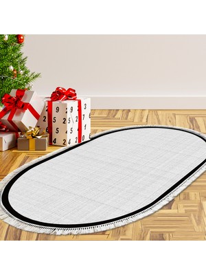 Dekoreko Kaymaz Dijital Mutfak & Salon Halı  Toprak Saçaklı Oval Dokuma E5007 Gri Beyaz