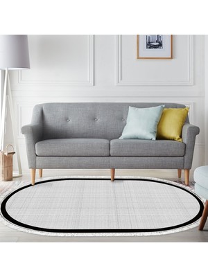 Dekoreko Kaymaz Dijital Mutfak & Salon Halı  Toprak Saçaklı Oval Dokuma E5007 Açık Gri
