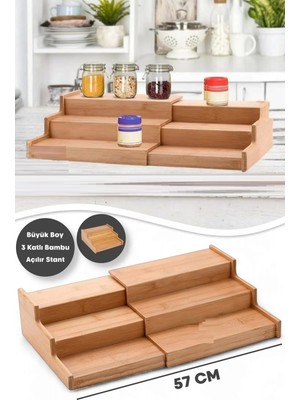 3 Katlı Açılır Büyük Boy Bambu Stand Organizer Tezgahüstü Baharatlık Düzenleyici Mutfak Rafı 57CM