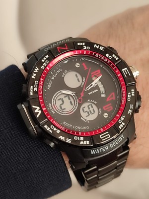 Quamer Erkek Kol Saati Analog ve Digital Metal Kordonlu 2176