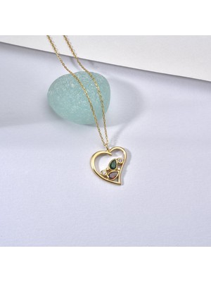 Nox Jewelry 14 Ayar Mikron Altın Kaplama Renkli Taşlı Kalp Tasarımlı Zarif Gümüş Kolye - CNS00613