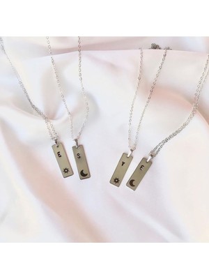 925 Ayar Gümüş Çift Plaka Güneş Ay Harf Kolye