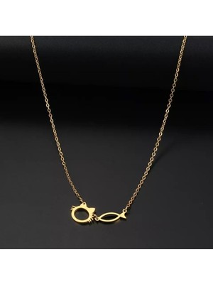 Has Altın Kaplama Kedi ve Balık 925K Kolye