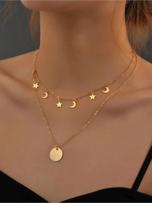 925 Ayar Gümüş Çift Ay Yıldız Disk Kolye