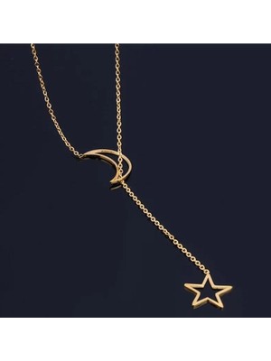 Has Altın Kaplama Iç Içe Ay Yıldız 925K Kolye