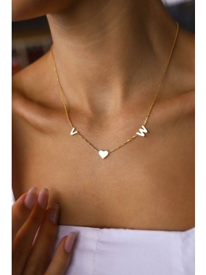 Has Altın Kaplama Çift Harf Kalp 925K Kolye