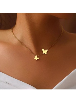 Has Altın Kaplama Ikili Kelebek 925K Kolye