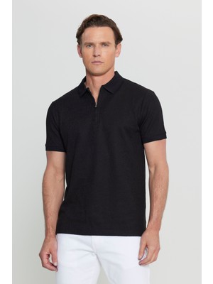 Altınyıldız Classics Pamuklu Slim Fit Dar Kesim Fermuarlı Yaka Jakarlı Esnek Tişört