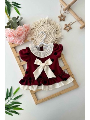 Miniğimin Cicileri Fiyonk Desenli Puantiyeli Kız bebe elbise - Bordo