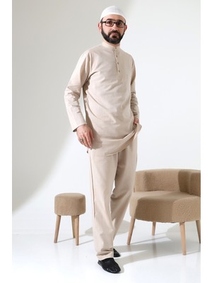 İhvan Online Erkek Tek Cepli Gömlek Pantolon Ikili Takım Hac ve Umre Kıyafeti Bej (Vşn)