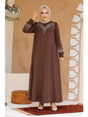 Boncuk Işlemeli Kahverengi Tesettür Elbise 23815KH