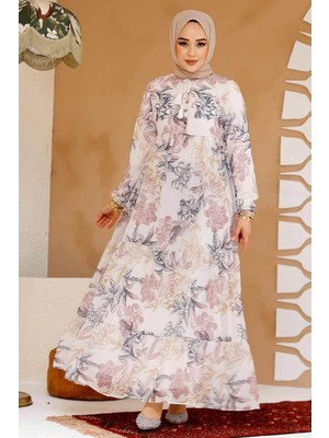 Çiçek Desenli Pudra Tesettür Elbise 22055PD