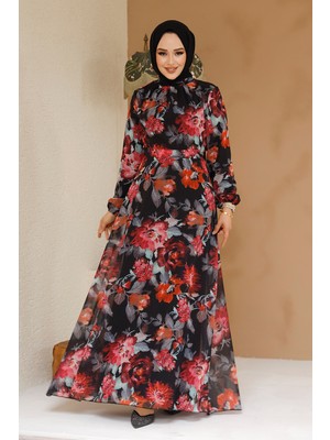 Çiçek Desenli Siyah Tesettür Elbise 27962S