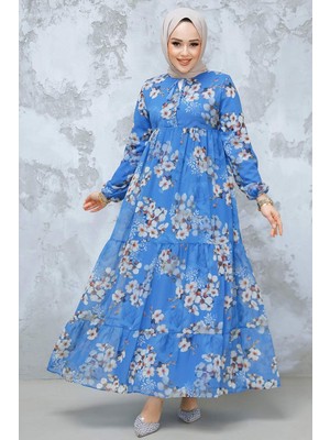 Çiçek Desenli Indigo Mavisi Tesettür Elbise 22053IM