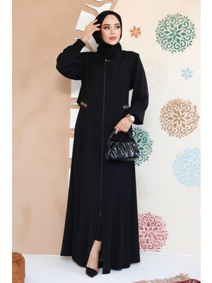 Fermuarlı Siyah Tesettür Abaya 8104S