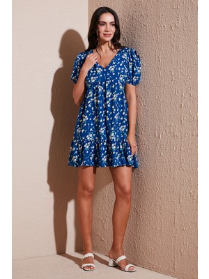 Lela Regular Fit V Yaka Balon Kol Desenli Mini Elbise Bayan Elbise 67810045