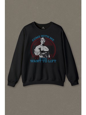 Siyah Sweatshirt Gym Arnold Schwarzenegger Come With Me Fitnes Spor Baskılı Sweat