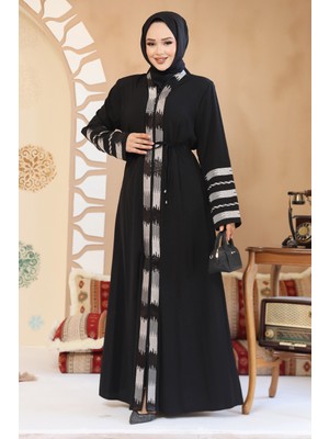 Desenli Siyah Tesettür Abaya 45303S
