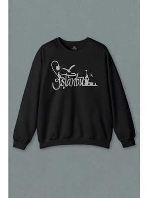 Unisex Siyah Sweatshirt Istanbul Silüet Tasarım Martı Tipografik Baskılı Sweat