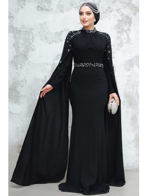 Pelerinli Siyah Tesettür Abiye Elbise 4863S