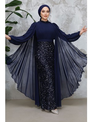 - Payetli Lacivert Tesettür Abiye Elbise 50231L