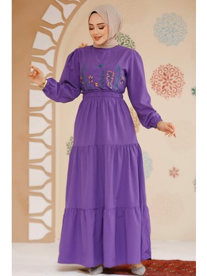 Nakış Desenli Mor Tesettür Elbise 7063MOR