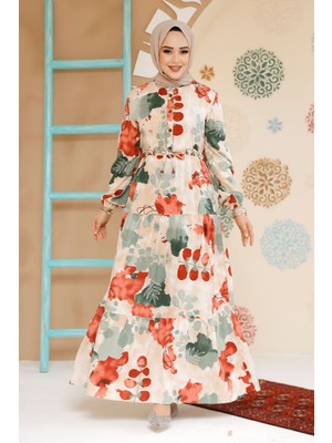 Çiçek Desenli Kırmızı Tesettür Elbise 10214K