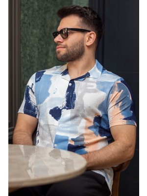 Erkek Açık Mavi Beyaz Batik Desen Esnek Krep Bürümcük Kumaş Ince Gömlek 25EGMLGIMM