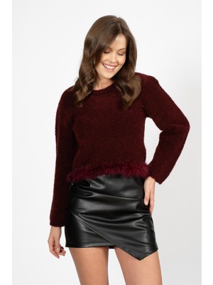 Rtd&vld Kadın S31 Fur Pull Bisiklet Yaka Eteği Tüylü Triko Kazak Bordo