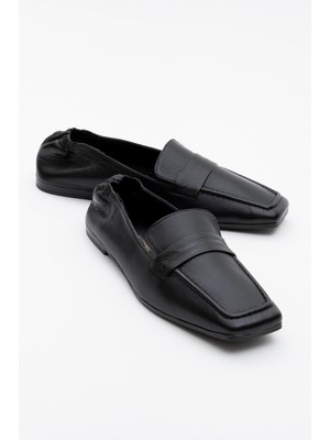 Luvi Liepa Siyah Cilt Deri Arkası Lastikli Küt Burunlu Kadın Loafer Ayakkabı