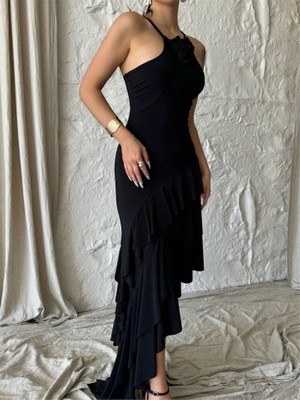 Defy Moda Güllü Elbise Asimetrik Katlı - Siyah