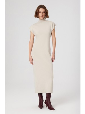 Bej Vatkalı Balıkçı Yaka Uzun Elbise