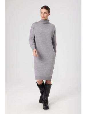 Gri Balıkçı Yaka Midi Boy Elbise