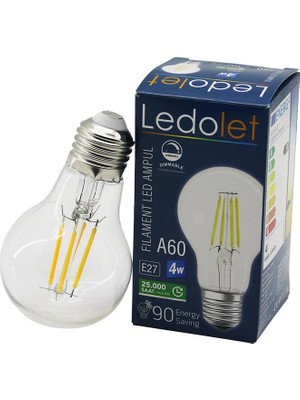 Ledolet A-60  4W - E27  Flament LED Rustik Ampul  400LUMEN - 2200K  Kırılmaz Gövde