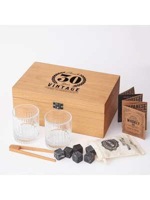Mcreative 30 Yaş Tasarımlı Ahşap Kutulu 2'li Glasgow Viski Kadeh Seti + 6 Soğutucu Taş