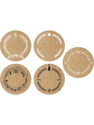 Yazılabilir Yılbaşı Sticker - Paketleme Etiketi - 80 Adet Kraft Görünümlü Etiket - 3.7 cm Çapında Hediye Paketleri Için 5 Farklı Tasarım