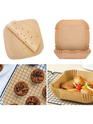 Mcreative 200 Adet Air Fryer Pişirme Kağıdı Tek Kullanımlık Hava Fritöz Yağlı Kağıdı Kare Delikli ve Tabak Model